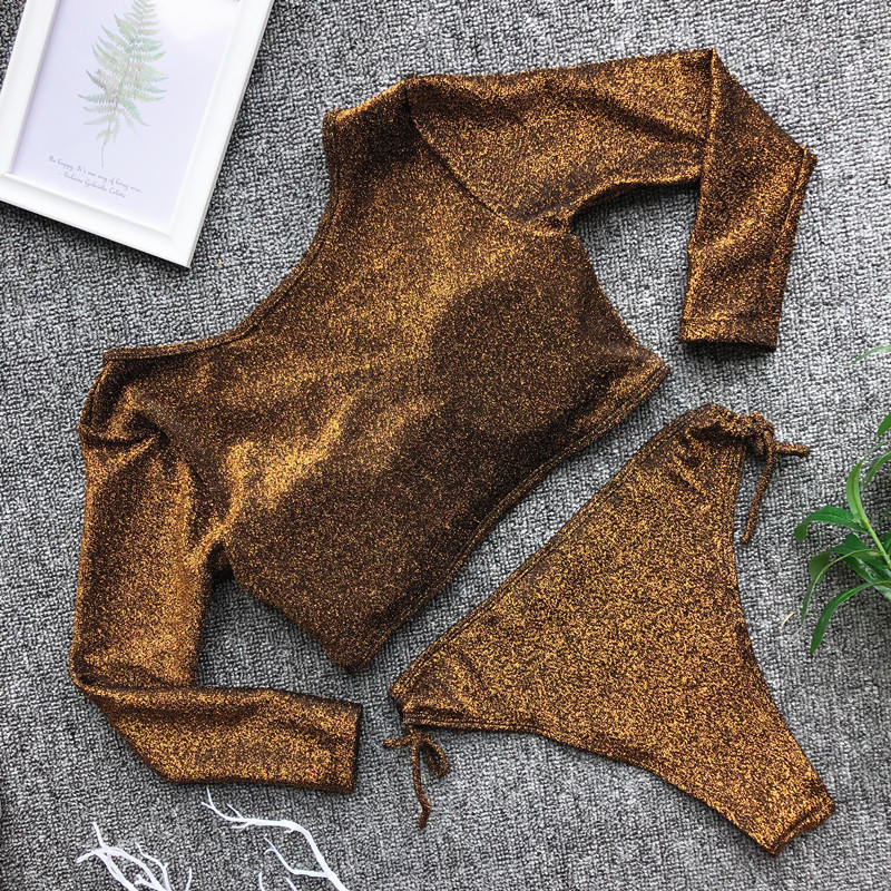 Fényes fürdőruha két részből - hosszú ujjú felső és csipke alsó