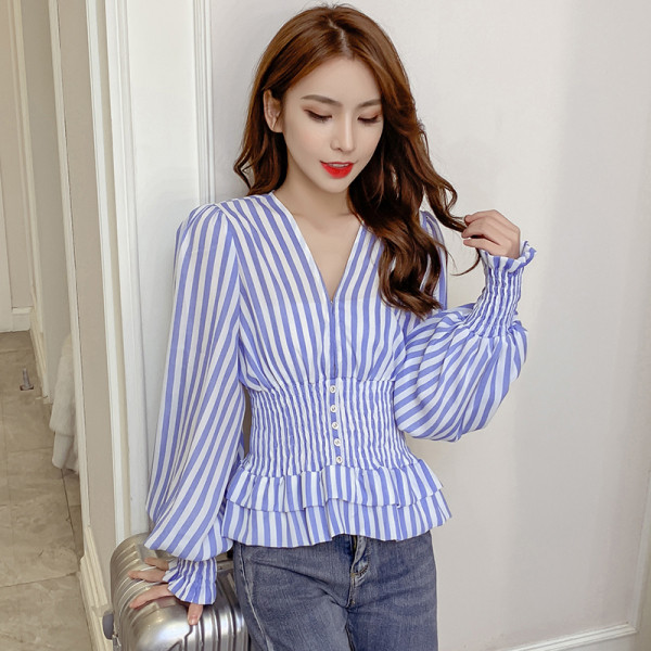Cămașă casual de damă în dungi, cu nasturi și mâneci lungi și largi