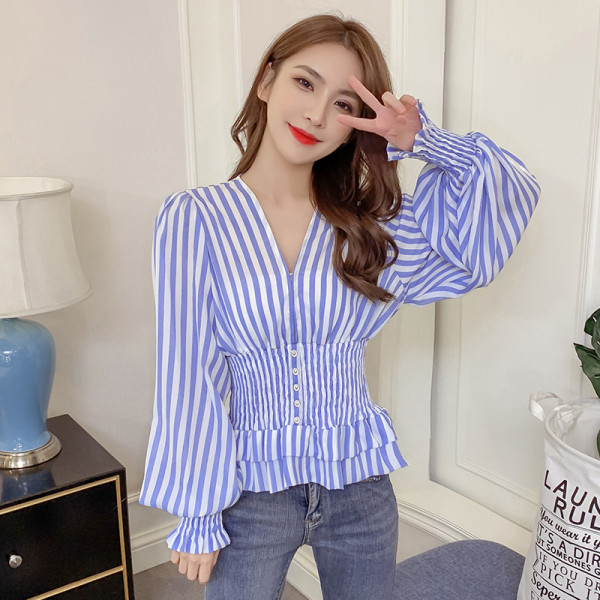 Cămașă casual de damă în dungi, cu nasturi și mâneci lungi și largi