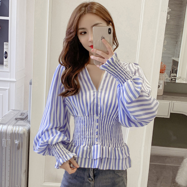 Cămașă casual de damă în dungi, cu nasturi și mâneci lungi și largi