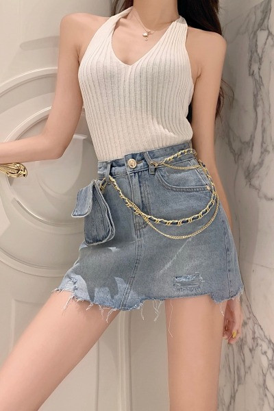 Moderna ženska traper suknja s visokim strukom i torbom na metalni lančić