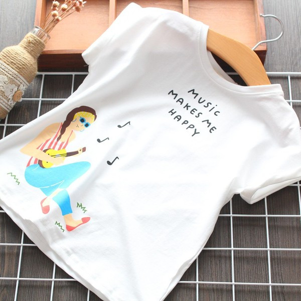 Naujo modelio vaikiški marškinėliai su raštu ir ovalia iškirpte mergaitėms