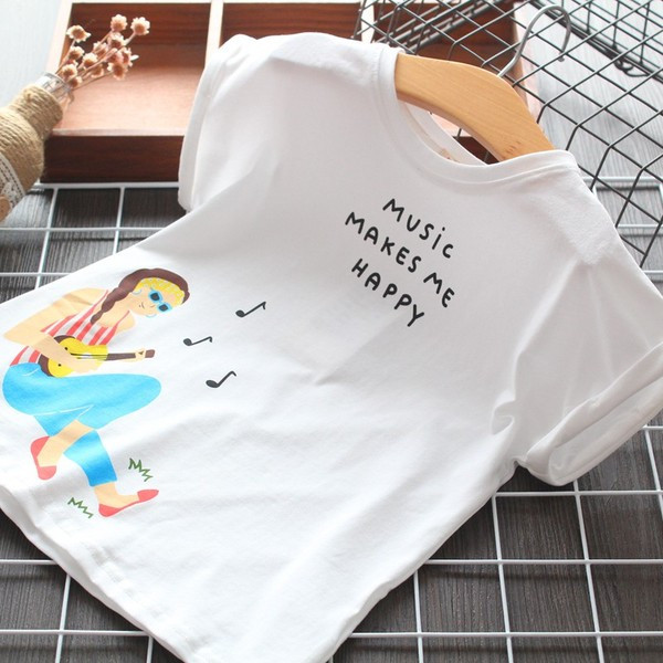 Naujo modelio vaikiški marškinėliai su raštu ir ovalia iškirpte mergaitėms