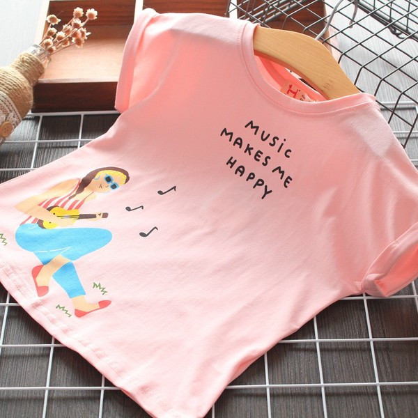 Naujo modelio vaikiški marškinėliai su raštu ir ovalia iškirpte mergaitėms