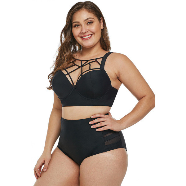 Modern fekete kétrészes fürdőruha magas derekú nadrággal