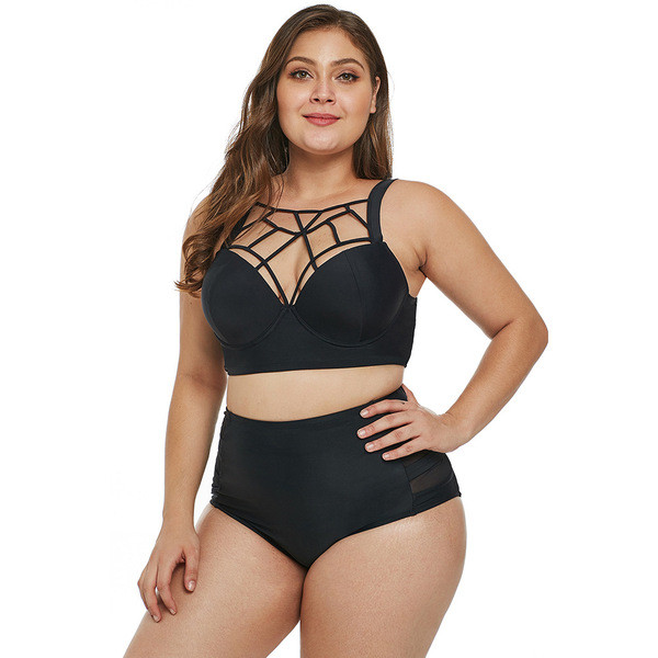 Modern fekete kétrészes fürdőruha magas derekú nadrággal