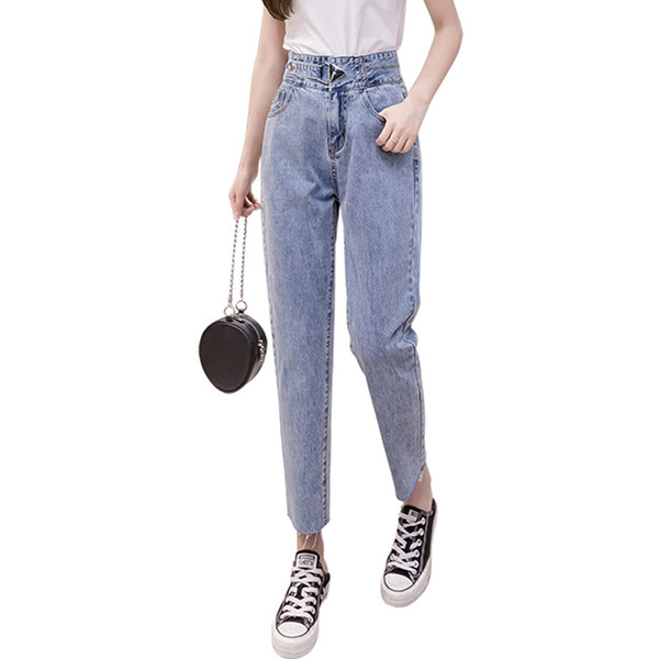 Moderne ženske duge traperice s visokim strukom i remenom