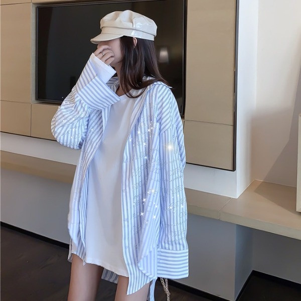 Dugačka ženska košulja na pruge sa kamenčićima