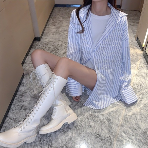 Dugačka ženska košulja na pruge sa kamenčićima