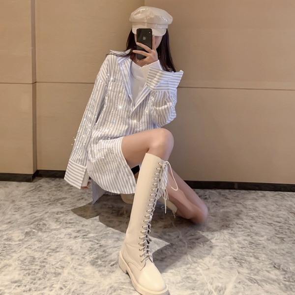 Dugačka ženska košulja na pruge sa kamenčićima