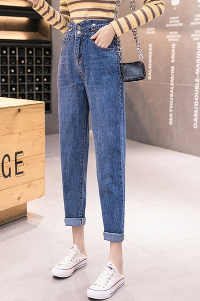 Női alkalmi farmer magas derékkal és kék zsebekkel