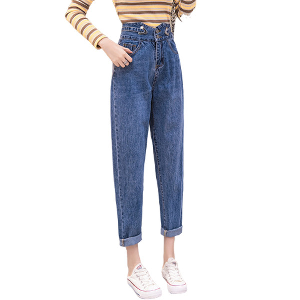 Női alkalmi farmer magas derékkal és kék zsebekkel