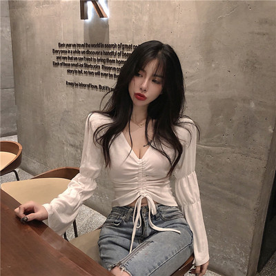 Libisev naiste pluus spits-kaelusega ja kootud esiosa lipsudega