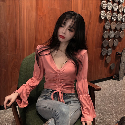 Libisev naiste pluus spits-kaelusega ja kootud esiosa lipsudega