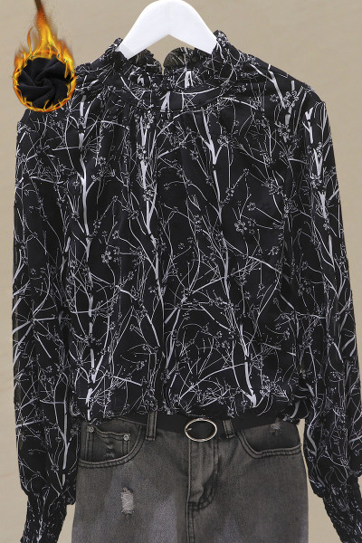 Moteriški modernūs marškiniai su gėlių raštu ir apvalia iškirpte