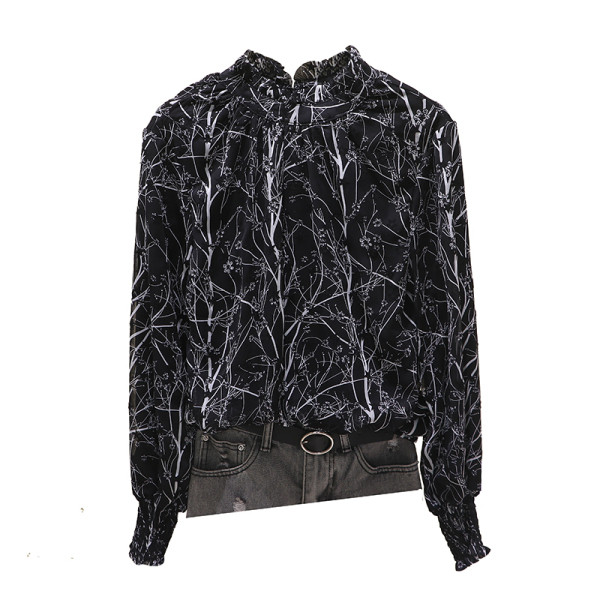 Moteriški modernūs marškiniai su gėlių raštu ir apvalia iškirpte