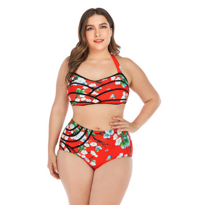 Moderns divdaļīgs peldkostīms ar ziedu rakstu un izmēriem līdz 4XL