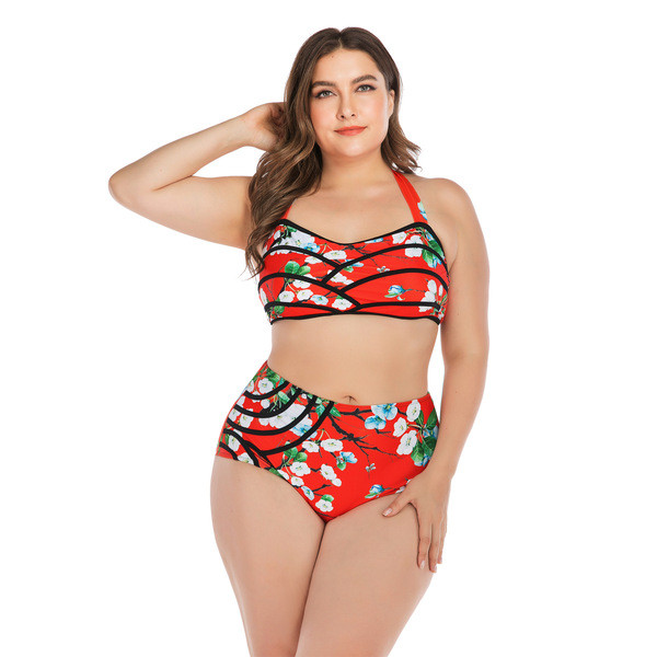 Moderns divdaļīgs peldkostīms ar ziedu rakstu un izmēriem līdz 4XL