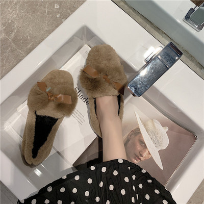 Plišane ženske mokasine s trakom i ravnim potplatom