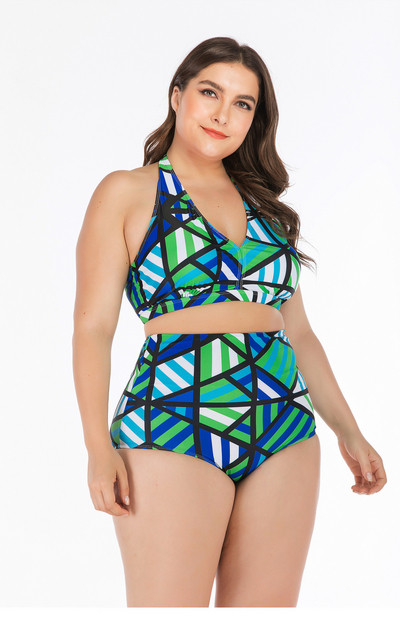 Nagy méretű színes kétrészes fürdőruha V-nyakkal