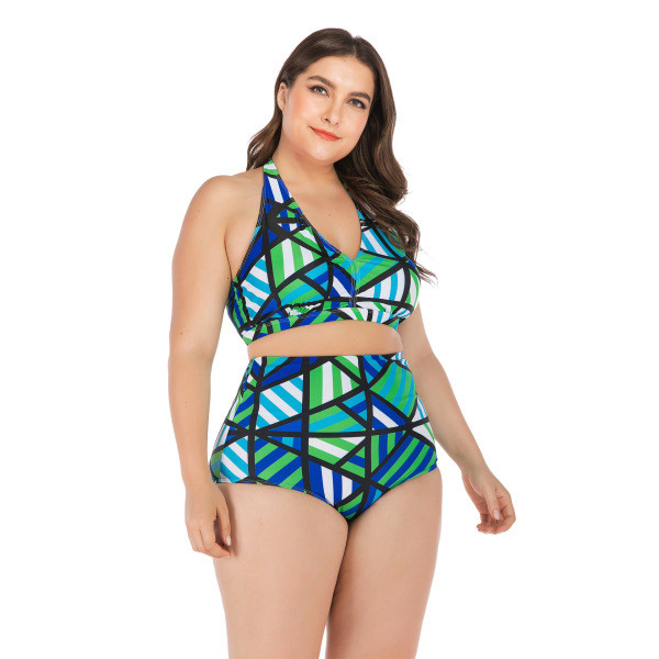 Nagy méretű színes kétrészes fürdőruha V-nyakkal