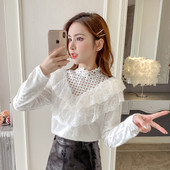 Sieviešu moderns krekls ar augstu apkakli un mežģīnēm