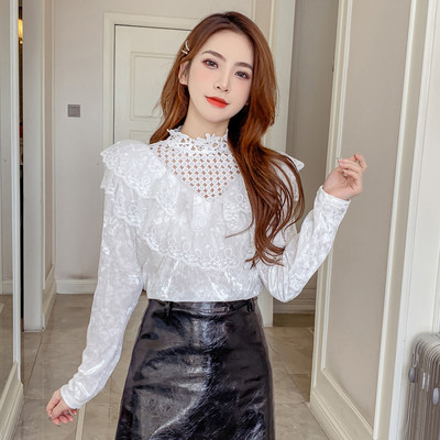 Sieviešu moderns krekls ar augstu apkakli un mežģīnēm