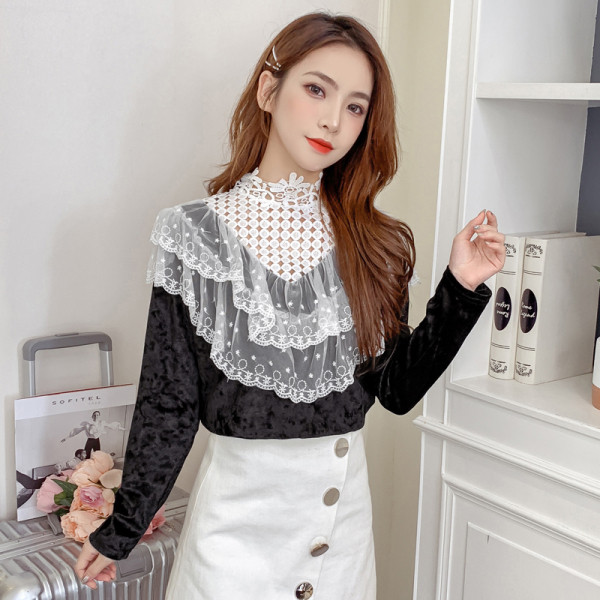 Sieviešu moderns krekls ar augstu apkakli un mežģīnēm