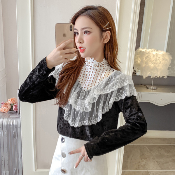 Sieviešu moderns krekls ar augstu apkakli un mežģīnēm