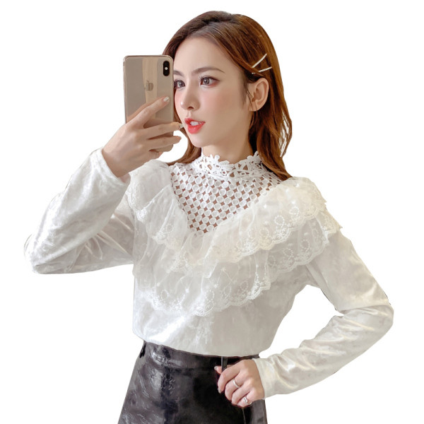 Sieviešu moderns krekls ar augstu apkakli un mežģīnēm