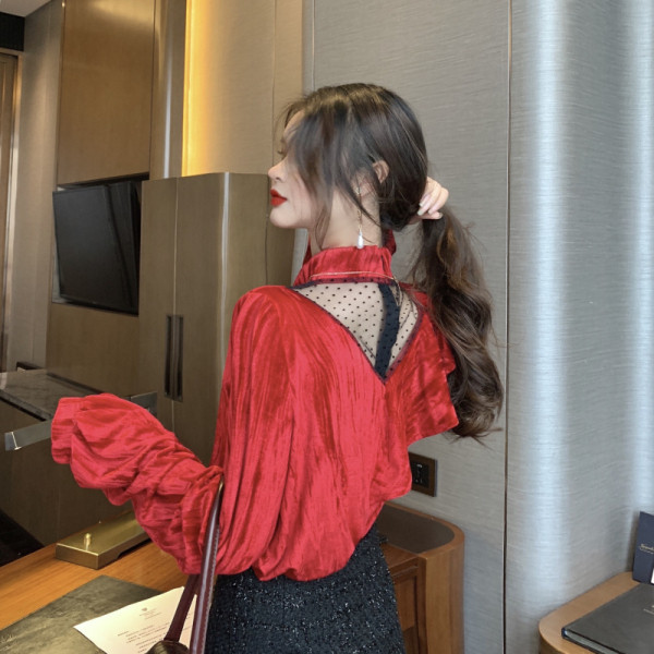 Retro moteriški aksominiai marškiniai