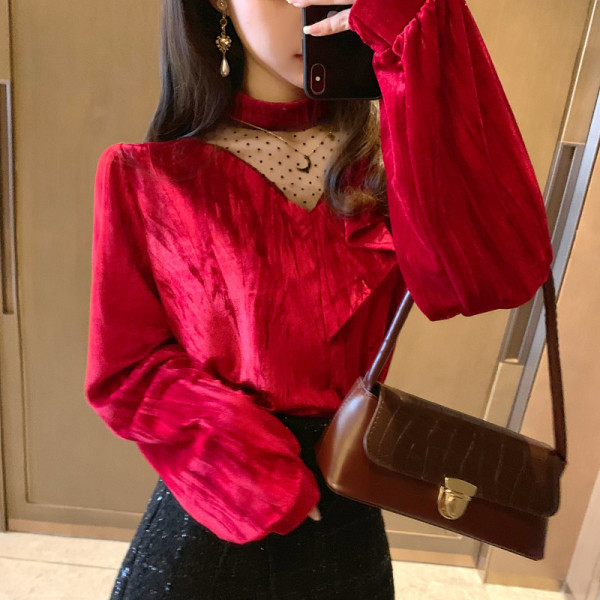 Retro moteriški aksominiai marškiniai