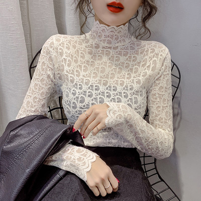 Moteriška laisvalaikio nėriniuota palaidinė aukšta apykakle ir ilgomis rankovėmis