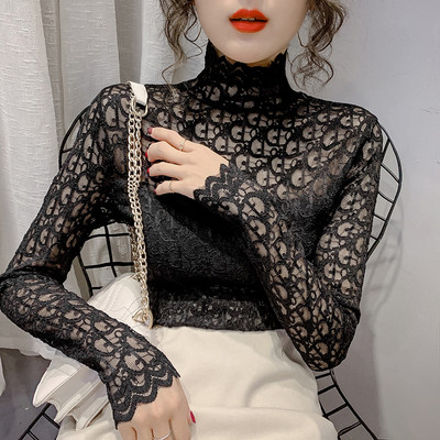 Moteriška laisvalaikio nėriniuota palaidinė aukšta apykakle ir ilgomis rankovėmis