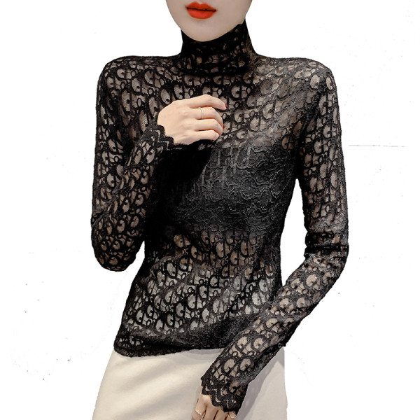 Moteriška laisvalaikio nėriniuota palaidinė aukšta apykakle ir ilgomis rankovėmis