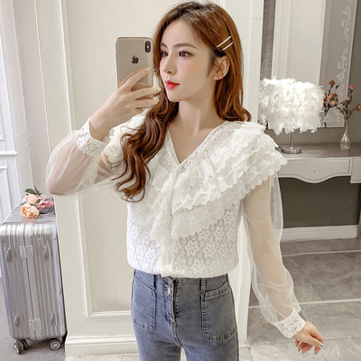 Ženska ležerna košulja sa špic izrezom i rukavima od tila