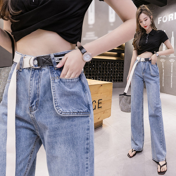 Moteriški laisvalaikio džinsai aukštu juosmeniu ir kišenėmis – platus modelis