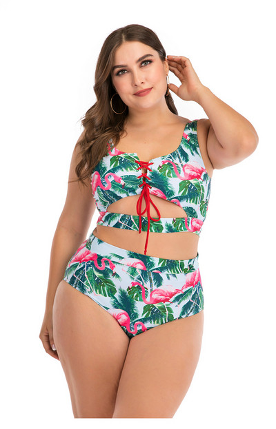 Актуален цял бански костюм с изрязани части, флорален десен с фламинго и връзки