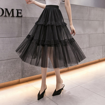 Fusta lunga de dama cu talie elastica si tul