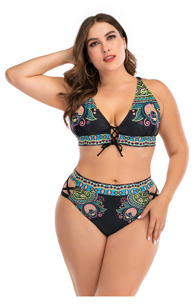 Suures suuruses V-kaelusega, lillemustri ja lipsudega ujumistrikoo