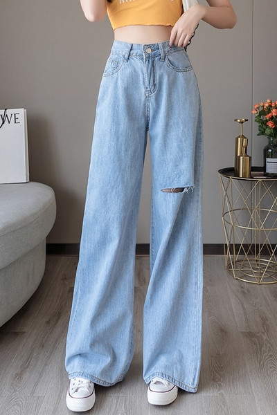 Blugi lungi casual de dama cu motiv rupt si talie inalta