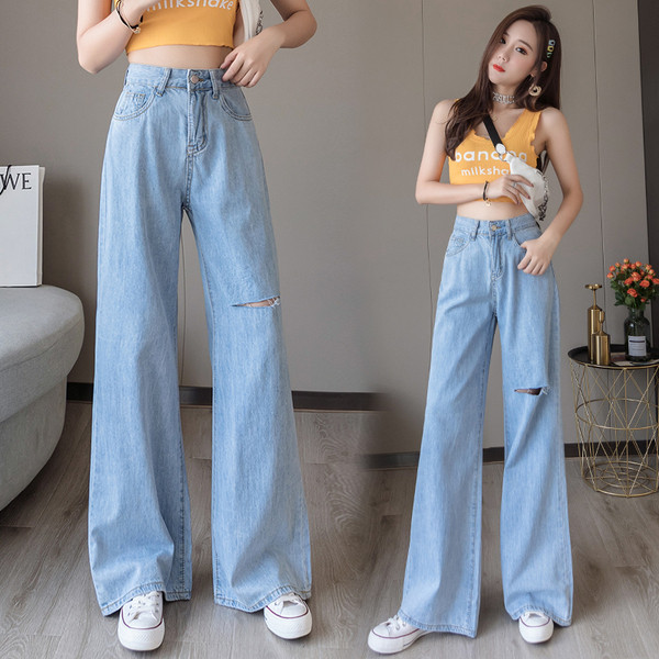 Blugi lungi casual de dama cu motiv rupt si talie inalta