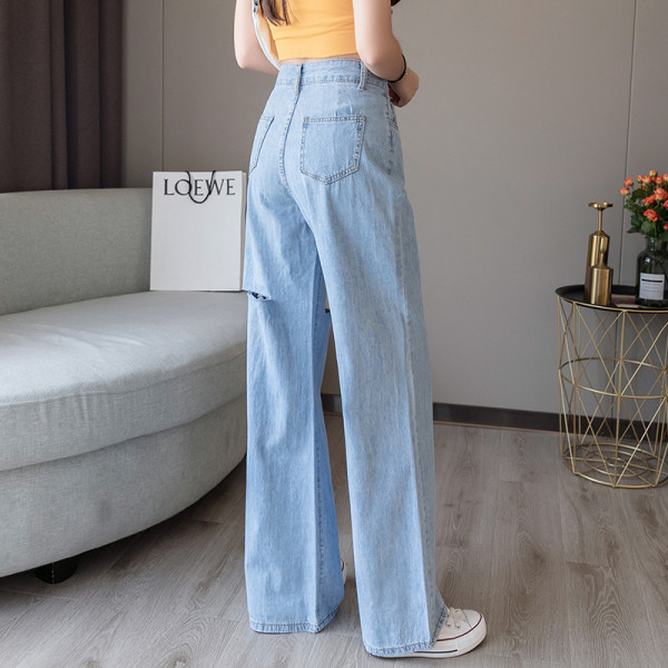 Blugi lungi casual de dama cu motiv rupt si talie inalta