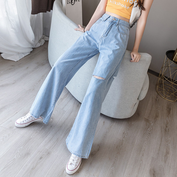 Blugi lungi casual de dama cu motiv rupt si talie inalta