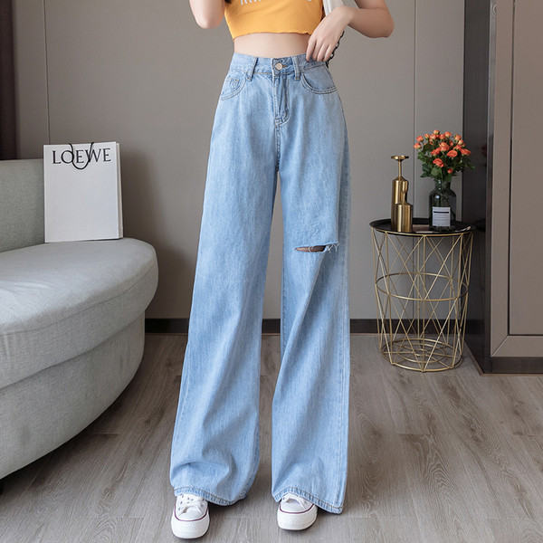 Blugi lungi casual de dama cu motiv rupt si talie inalta