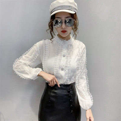 Cămașă casual de damă cu nasturi și dantelă cu mâneci lungi