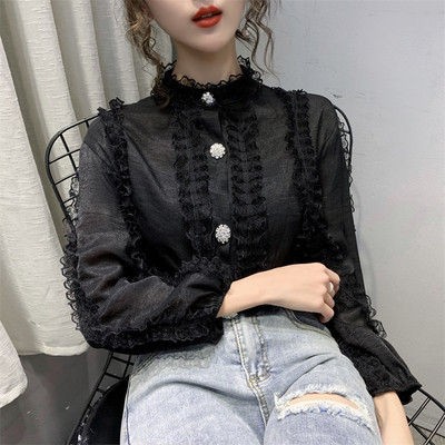 Cămașă casual de damă cu nasturi și dantelă cu mâneci lungi