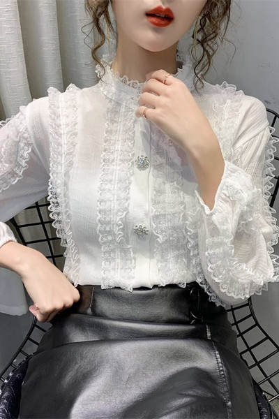 Cămașă casual de damă cu nasturi și dantelă cu mâneci lungi