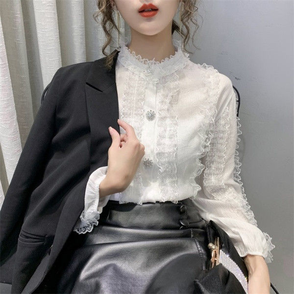 Cămașă casual de damă cu nasturi și dantelă cu mâneci lungi