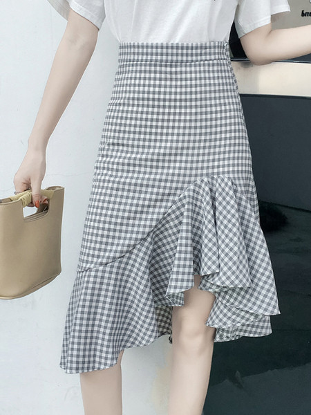 Rūtaini sieviešu asimetriskas svārki ar augstu vidukli